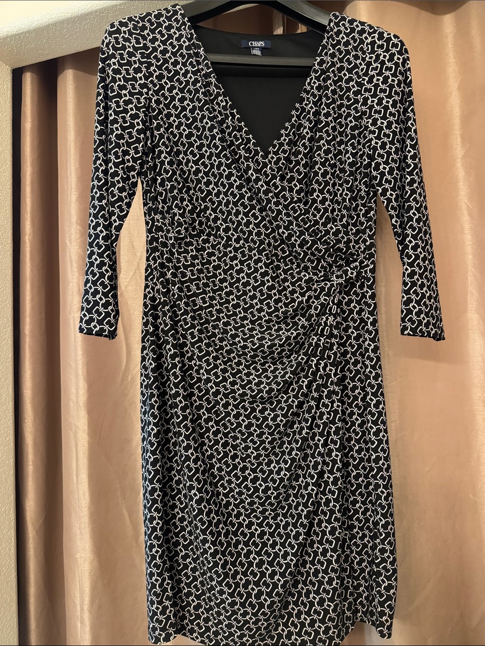 Chaps Black and White Faux-Wrap Midi Dress